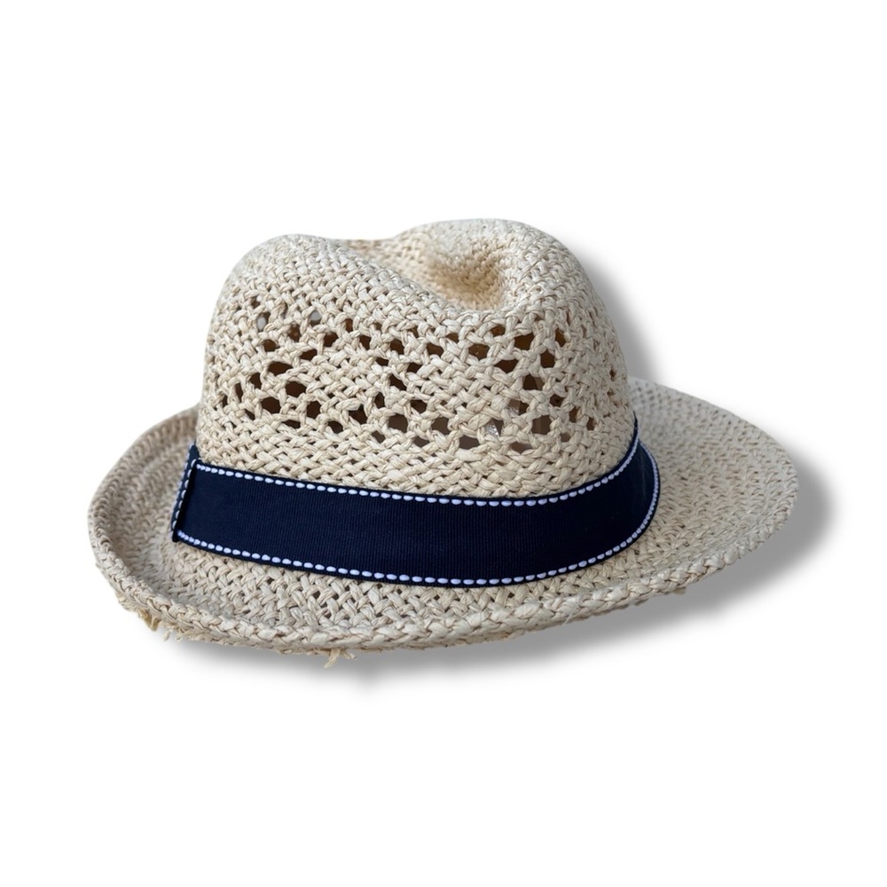 100% Paper Straw Kids Fedora Hat w/ Navy Band